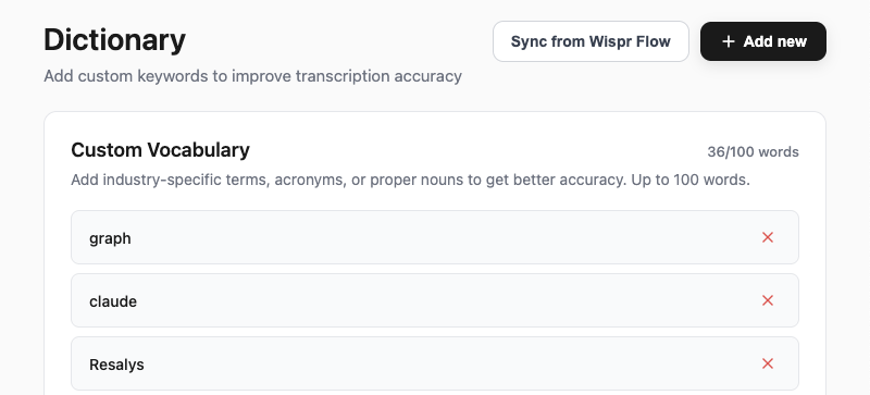 Dictionary screen in the Blip AI desktop app, with custom words like claude and Resalys and a Sync from Wispr Flow button