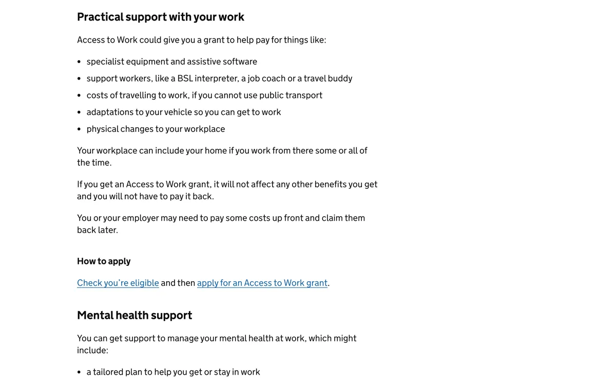 gov.uk's Access to Work page listing specialist equipment and assistive software first among the things the grant can pay for