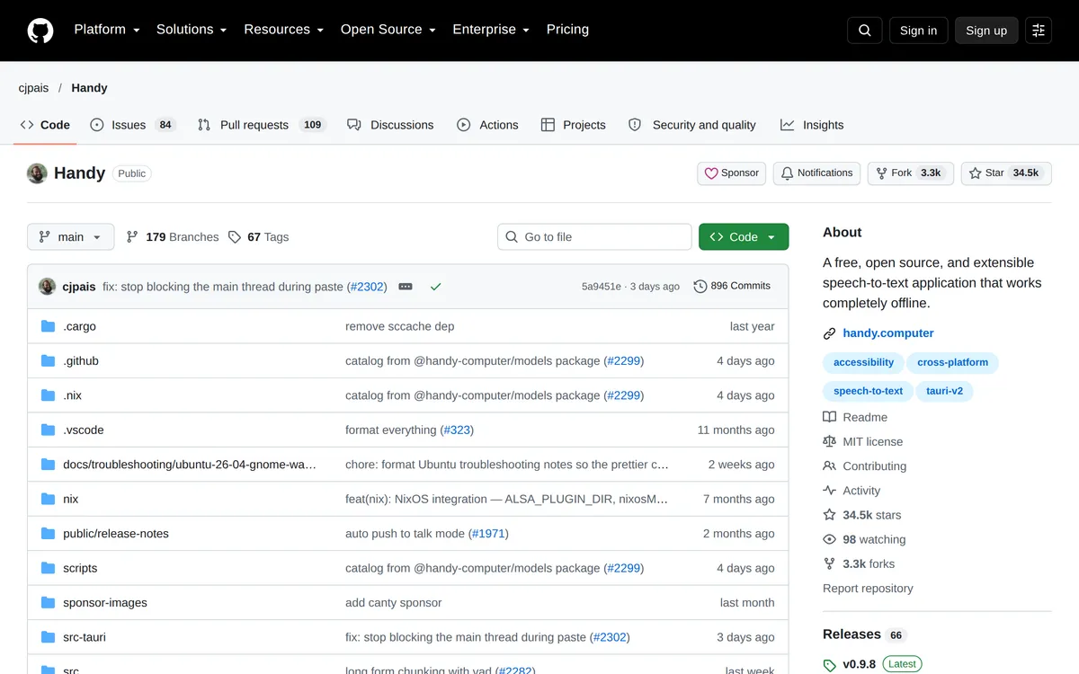 Handy's GitHub page: a free, open-source speech-to-text application that works completely offline