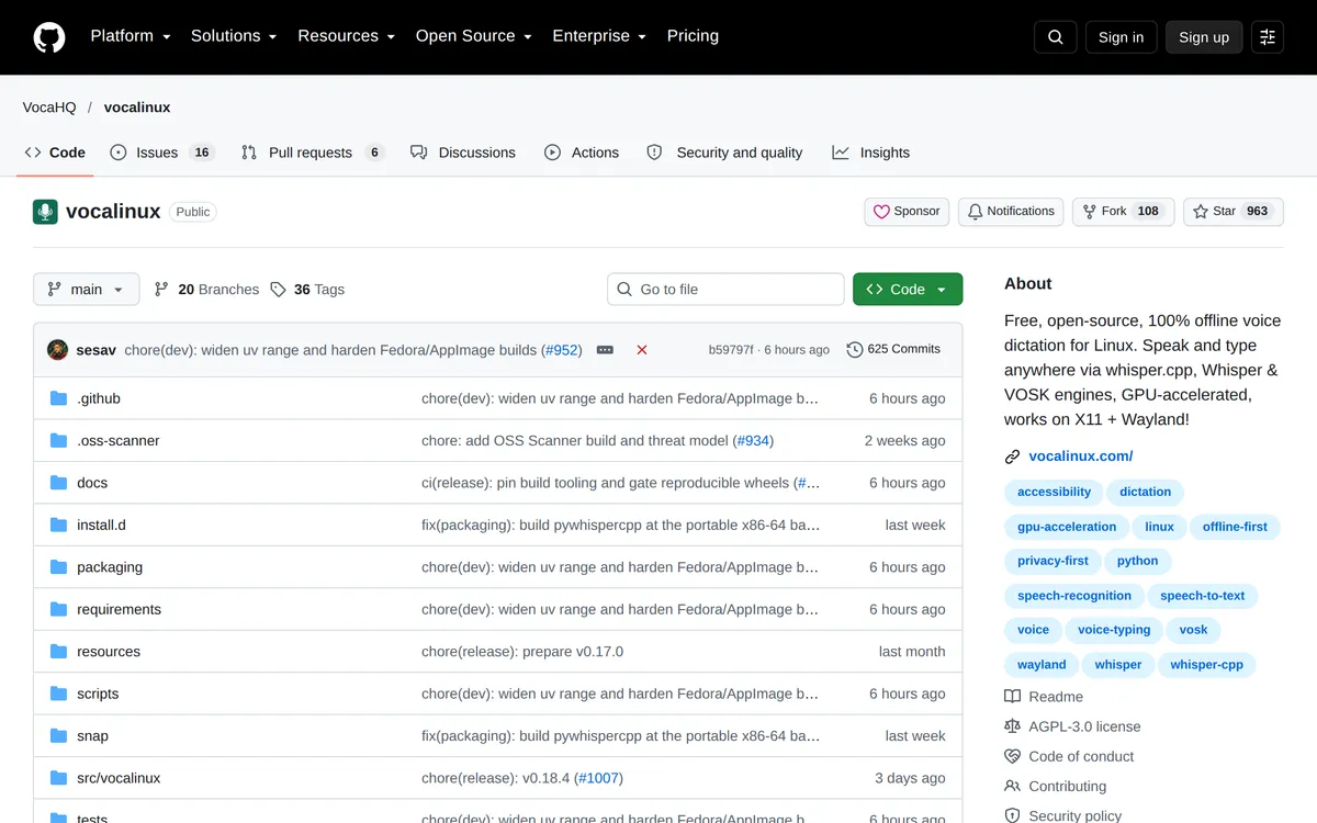 Vocalinux's GitHub page, describing it as free, open-source offline voice dictation for Linux on X11 and Wayland