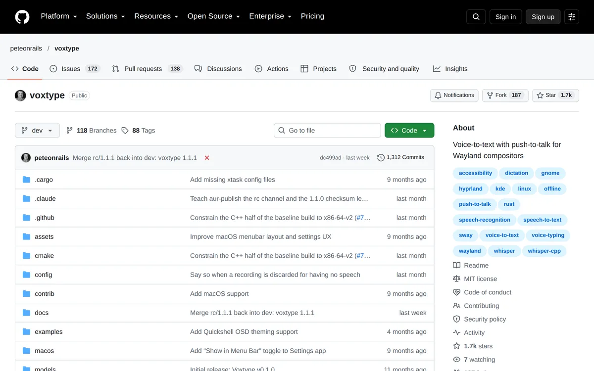 Voxtype's GitHub page: voice-to-text with push-to-talk for Wayland compositors