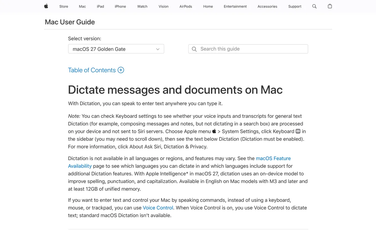 Apple's Mac User Guide page on dictating messages and documents