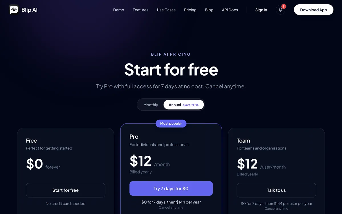 Blip AI's pricing page showing the Free, Pro and Team plans
