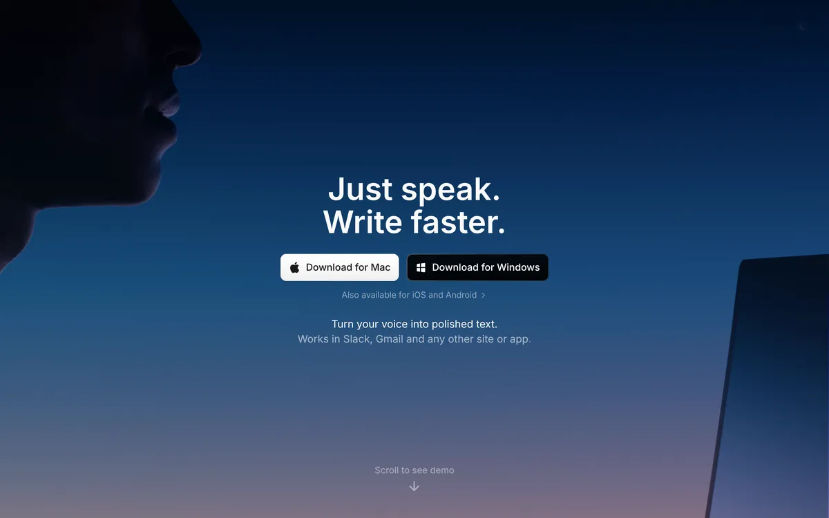 Superwhisper's home page with download buttons for Mac and Windows