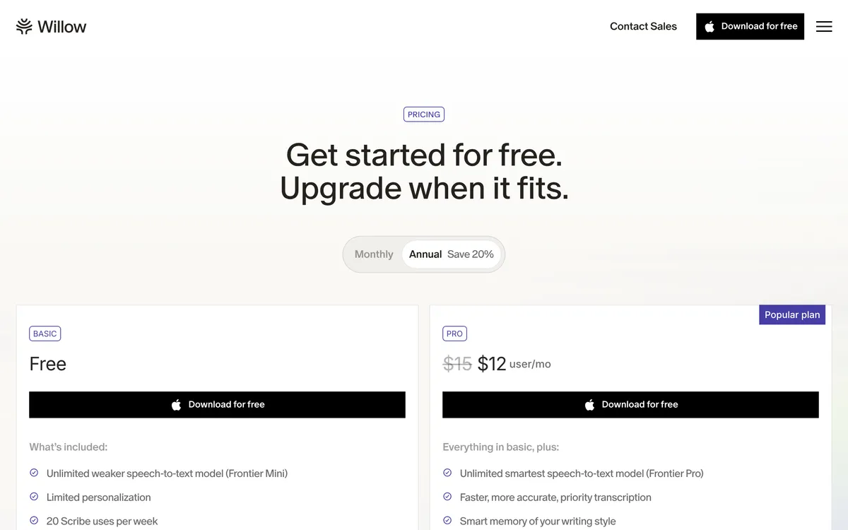 Willow Voice's pricing page