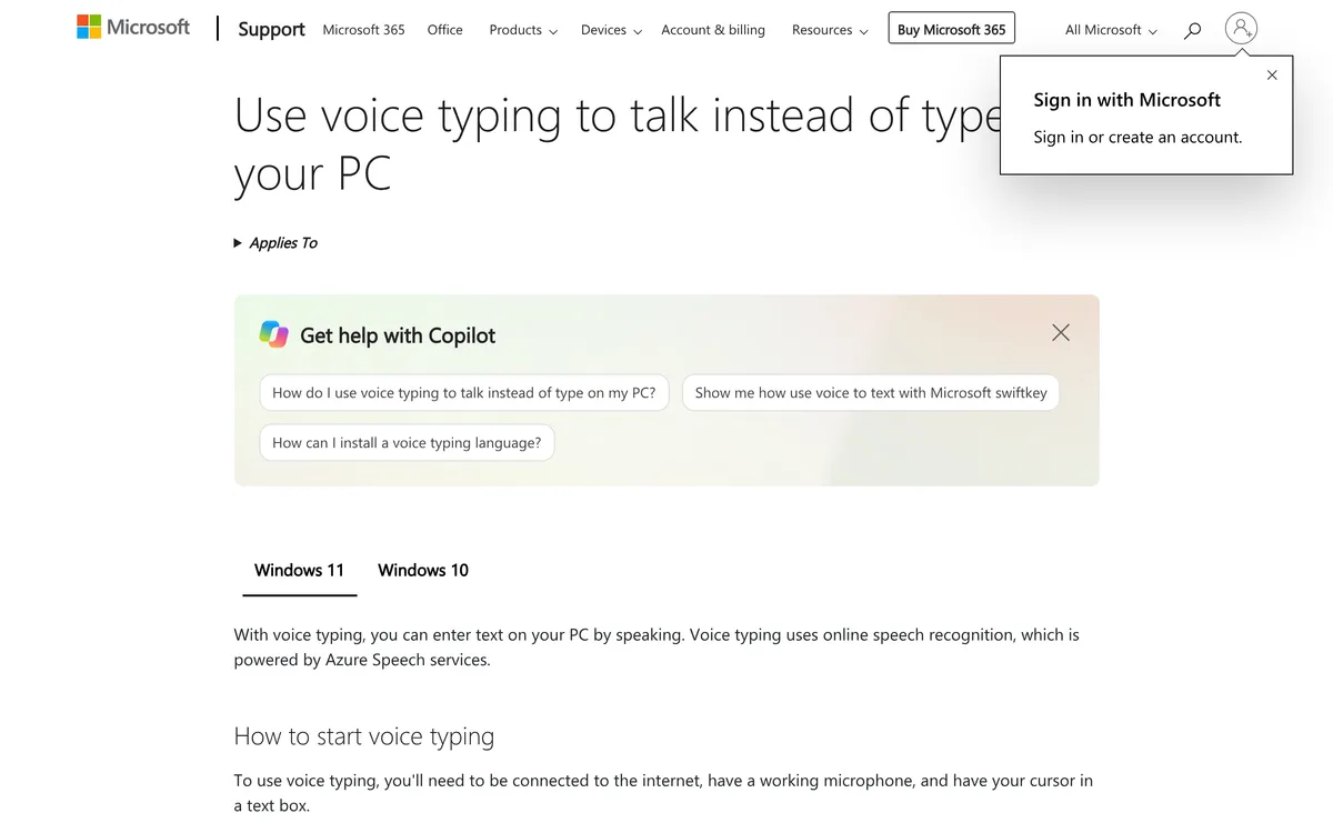 Microsoft's support page on using voice typing in Windows