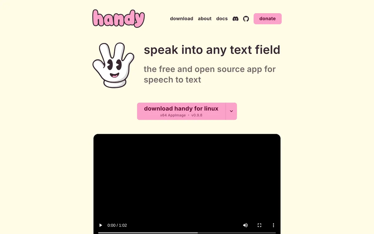 Handy's home page: the free and open source app for speech to text, with a download button
