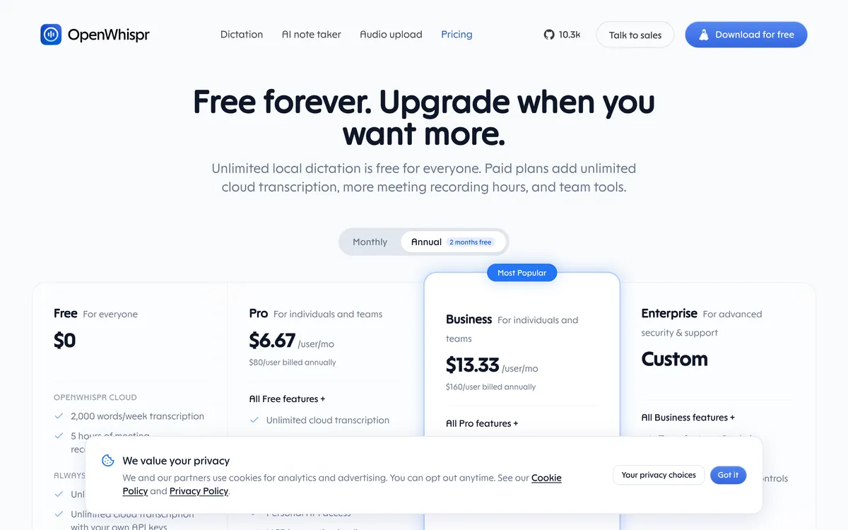 OpenWhispr's pricing page: a $0 Free plan with unlimited local dictation and 2,000 words a week of OpenWhispr Cloud