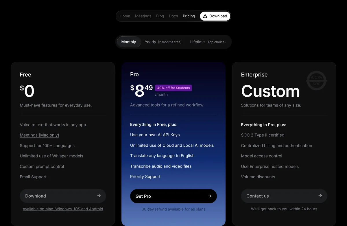 Superwhisper's pricing section showing the Free plan with unlimited use of Whisper models, next to Pro at $8.49 a month