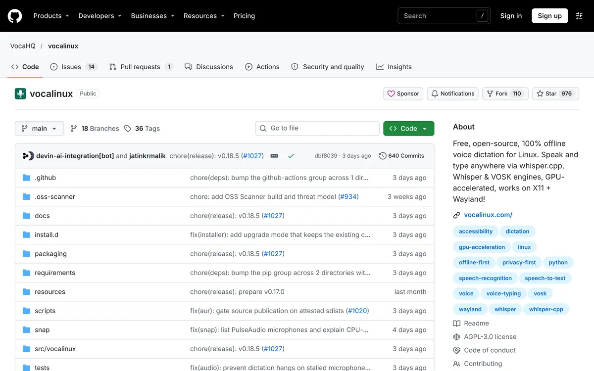 Vocalinux's GitHub page, describing it as free, open-source offline voice dictation for Linux