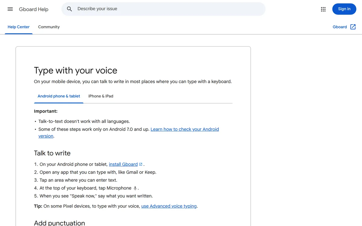 Google's Gboard help page "Type with your voice", listing the steps to dictate in an app like Gmail by tapping the keyboard microphone