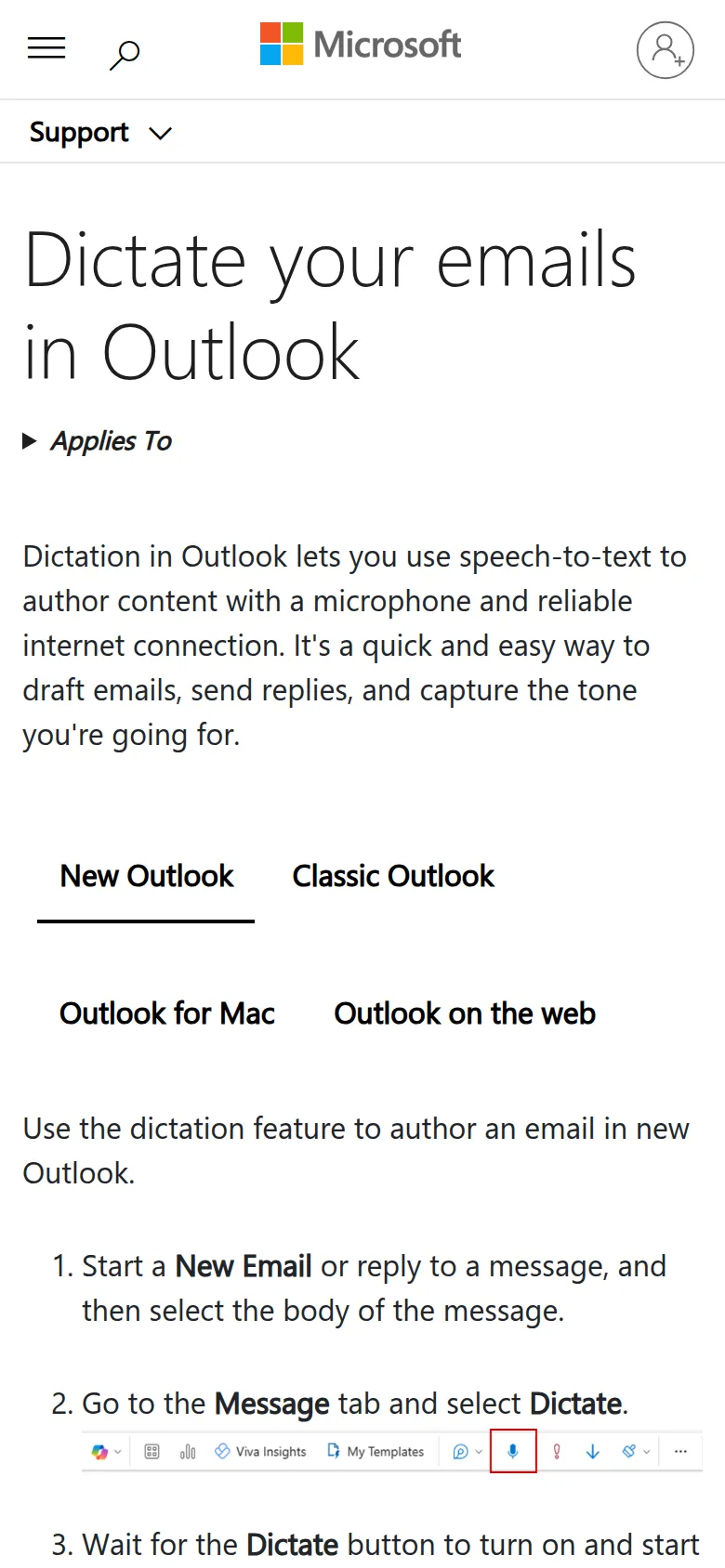 Microsoft's "Dictate your emails in Outlook" help page, showing the steps for new Outlook and the Dictate microphone on the Message tab