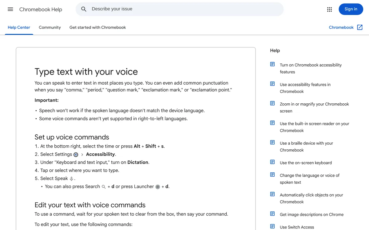 Google's Chromebook Help page "Type text with your voice", showing the steps to turn on Dictation and the Search + D shortcut