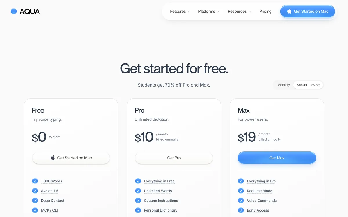 Aqua Voice's pricing page with annual billing: Free with 1,000 words, Pro at $10 a month and Max at $19 a month