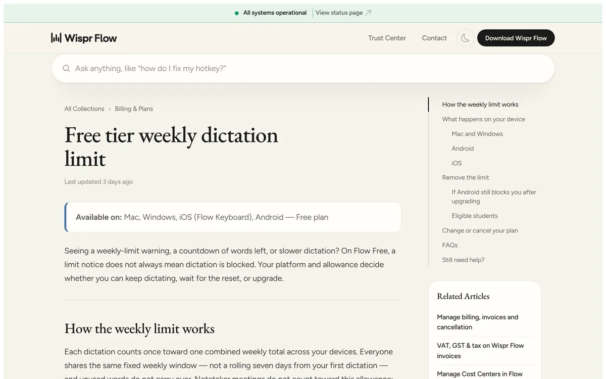 Wispr Flow's help center article titled "Free tier weekly dictation limit", available on Mac, Windows, iOS and Android on the Free plan