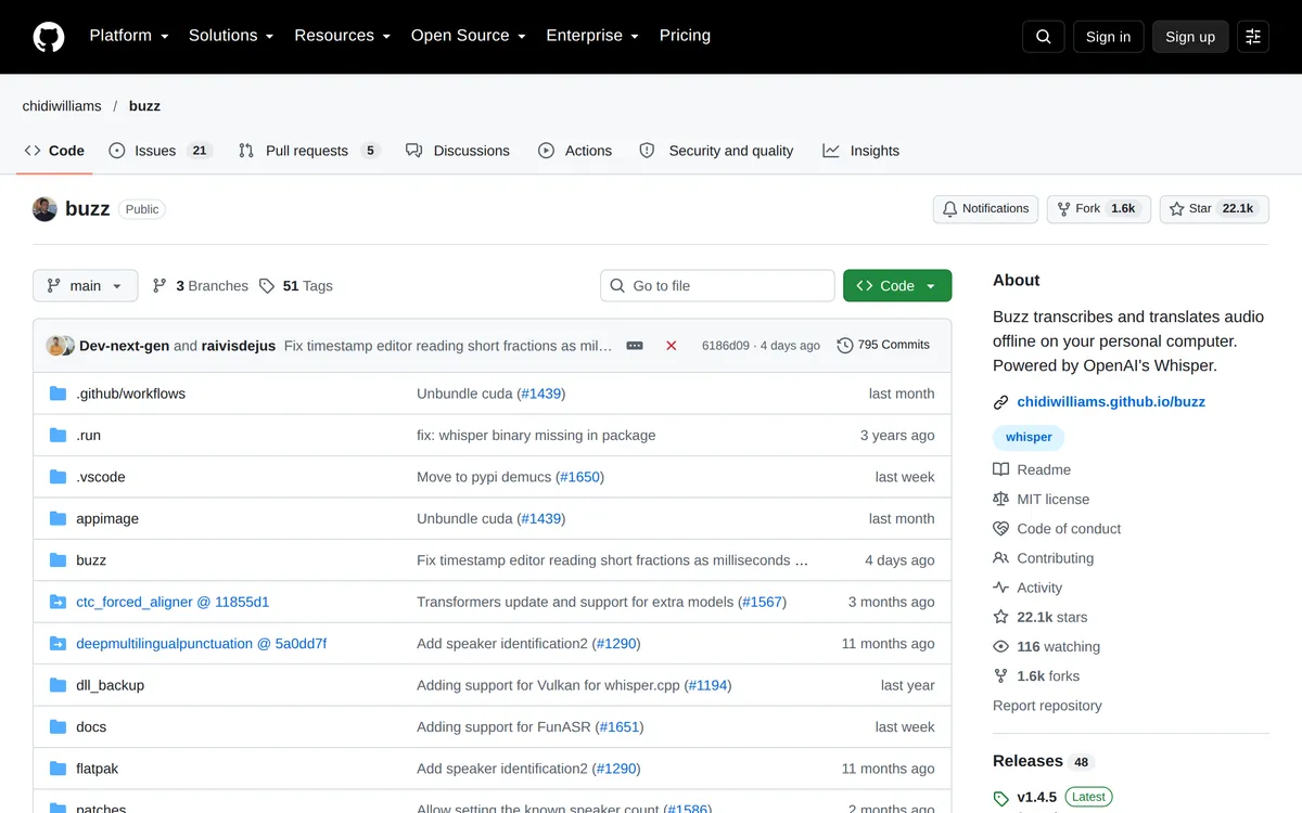 Buzz's GitHub page: "Buzz transcribes and translates audio offline on your personal computer. Powered by OpenAI's Whisper."