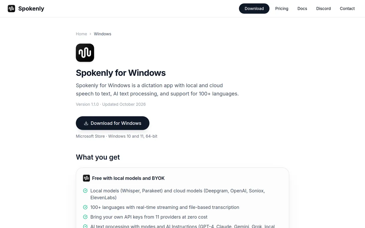Spokenly for Windows page: local and cloud speech to text, Microsoft Store, Windows 10 and 11, 64-bit
