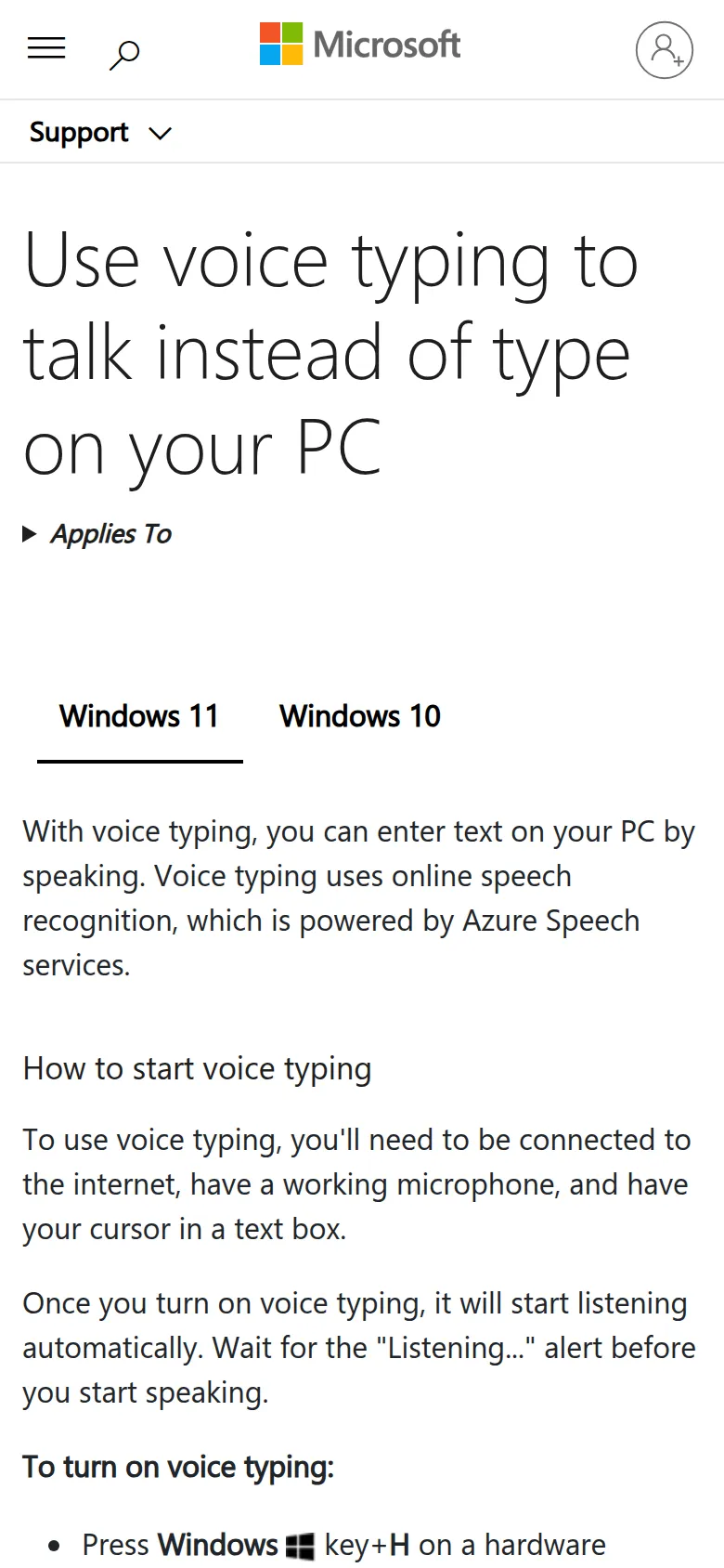 Microsoft's voice typing support page: voice typing uses online speech recognition powered by Azure Speech services