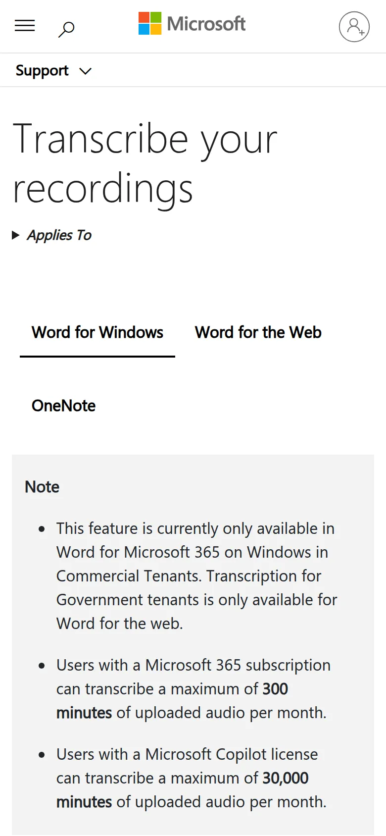 Microsoft's "Transcribe your recordings" support page, noting 300 minutes of uploaded audio a month for Microsoft 365 subscribers