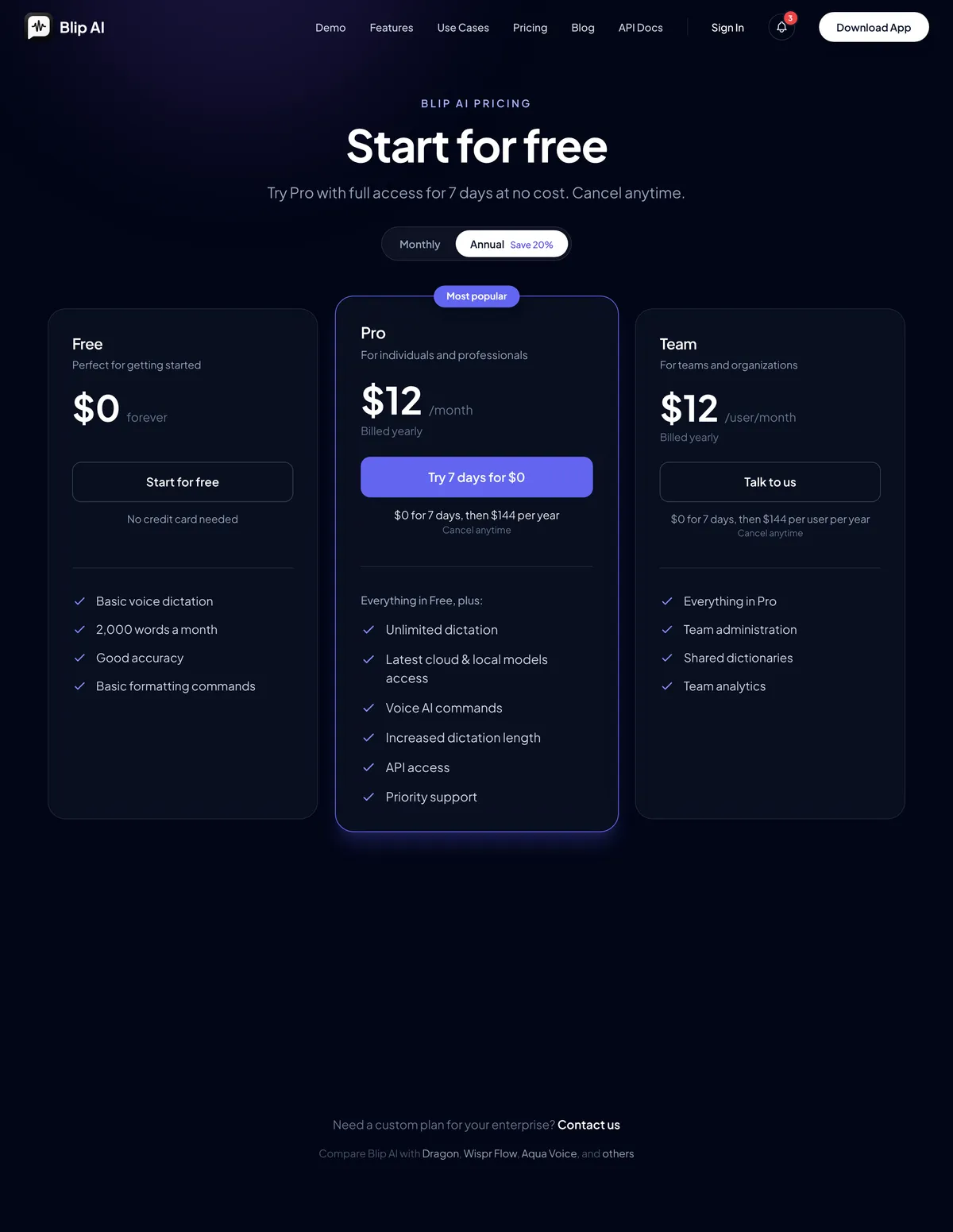Blip AI's pricing page: the Free plan has 2,000 words a month, and Pro lists latest cloud and local models access