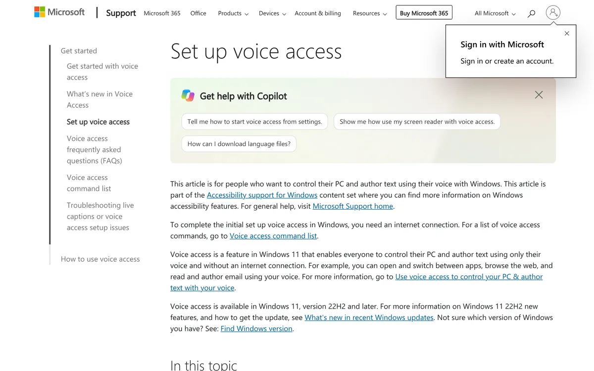 Microsoft's Set up voice access page saying Voice Access works without an internet connection and needs Windows 11, version 22H2 or later
