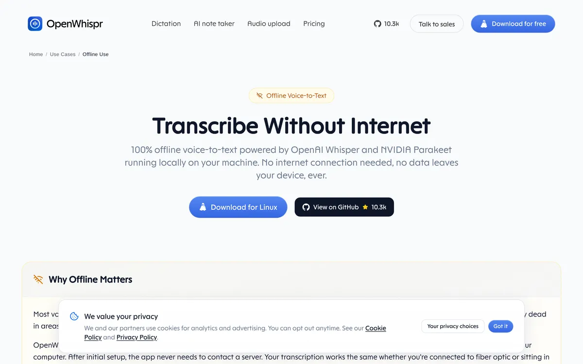 OpenWhispr's offline page: transcribe without internet, with Whisper and Parakeet running locally on your machine