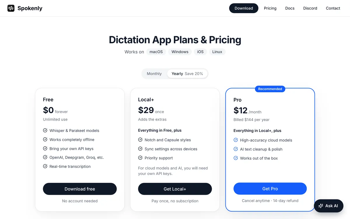 Spokenly's pricing page: the free plan lists Whisper and Parakeet models and works completely offline; Local+ is $29 once and Pro is $12 a month billed yearly