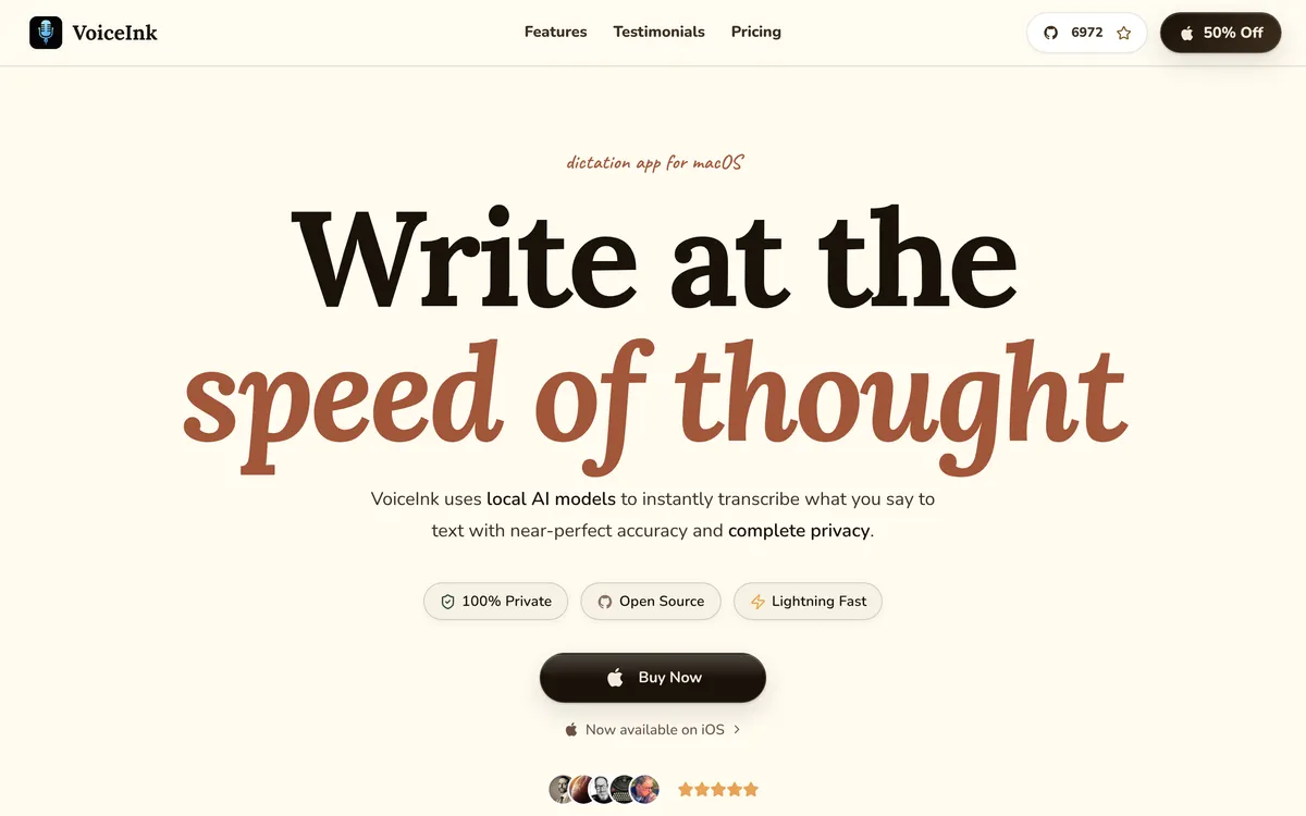 VoiceInk's home page: it uses local AI models to transcribe what you say, with privacy and open-source badges
