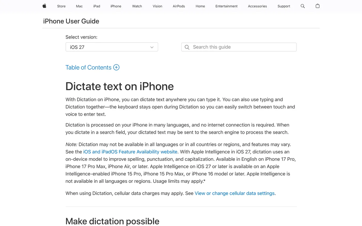 Apple's iPhone User Guide page "Dictate text on iPhone"