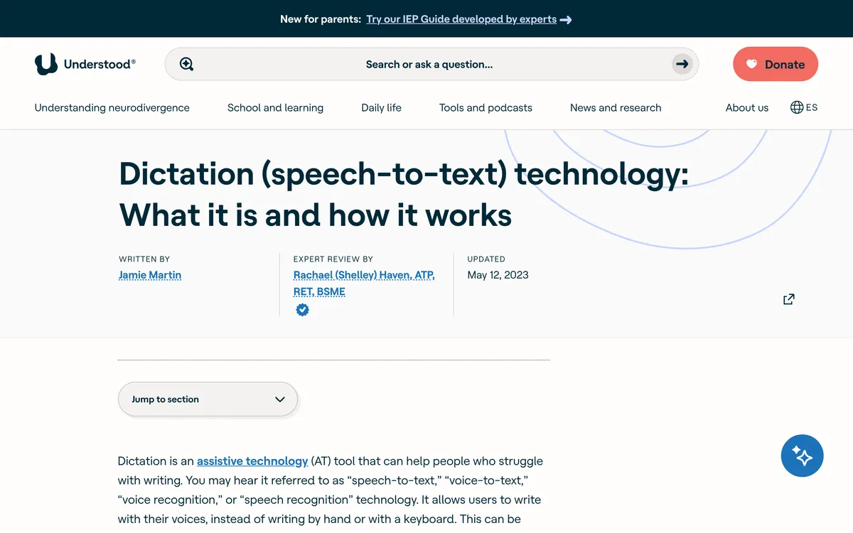 Understood's page "Dictation (speech-to-text) technology: What it is and how it works", updated May 12, 2023