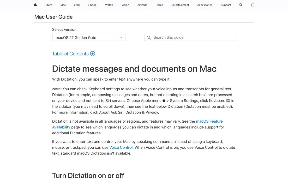 Apple's Mac User Guide page "Dictate messages and documents on Mac", which says you can speak to enter text anywhere you can type it