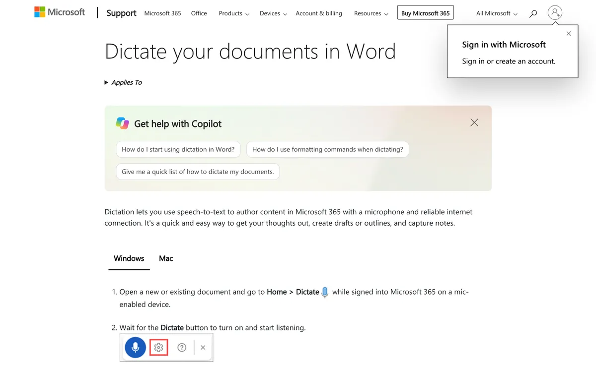 Microsoft's Dictate your documents in Word page showing the Windows steps and the Dictate toolbar with its settings gear