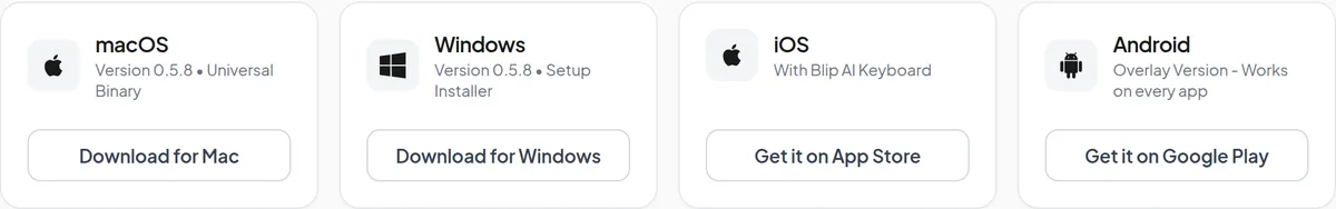 Blip AI's download page with buttons for macOS, Windows, iOS and Android