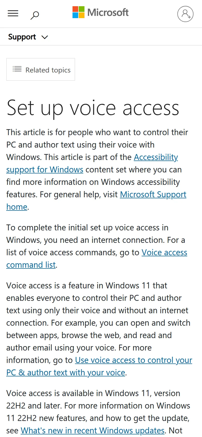 Microsoft's Set up voice access page saying Voice Access works without an internet connection and needs Windows 11 version 22H2 or later