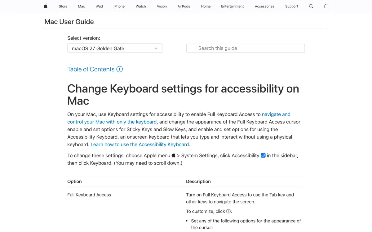 Apple's Mac User Guide page on keyboard settings for accessibility, listing Sticky Keys and Slow Keys under System Settings > Accessibility > Keyboard