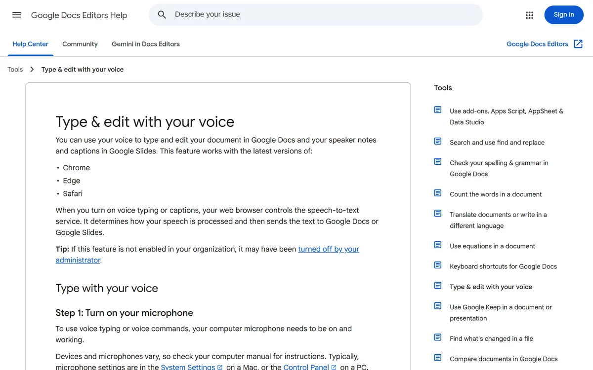 Google's "Type & edit with your voice" help page, listing Chrome, Edge and Safari as the supported browsers