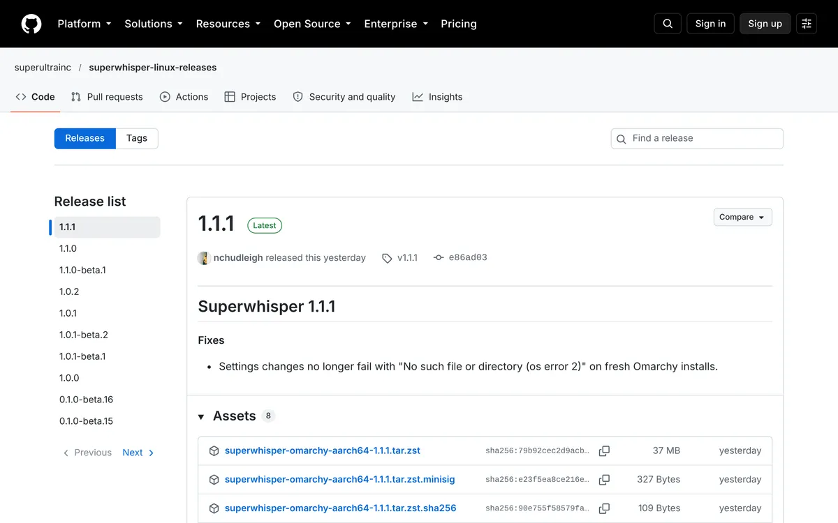 Superwhisper's Linux releases page on GitHub showing version 1.1.1 marked Latest, with superwhisper-omarchy-aarch64 archive files